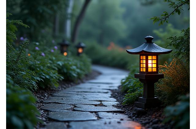 夜の庭園の小道と石灯籠