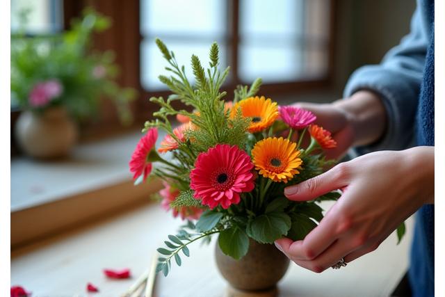 生け花のワークショップで花を挿す様子